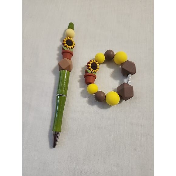 Bead Pen & Cup Charm Matching Combo Fall Sunflower Green Brown Yellow Silicone - Picture 1 of 4